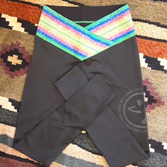 Zumba Wear Rainbow Sparkle Glitter Belted Workout Spellout Black Leggings M - Picture 12 of 13
